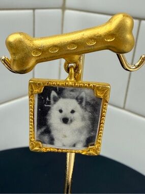 Vintage JJ Dog Photo Frame Bone Dangle Brooch Gold Tone